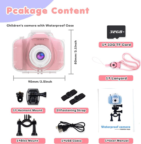 Waterproof Camera Toys for Girls Age 3-12 - Underwater Video Recorder with 32GB SD Card (Pink)